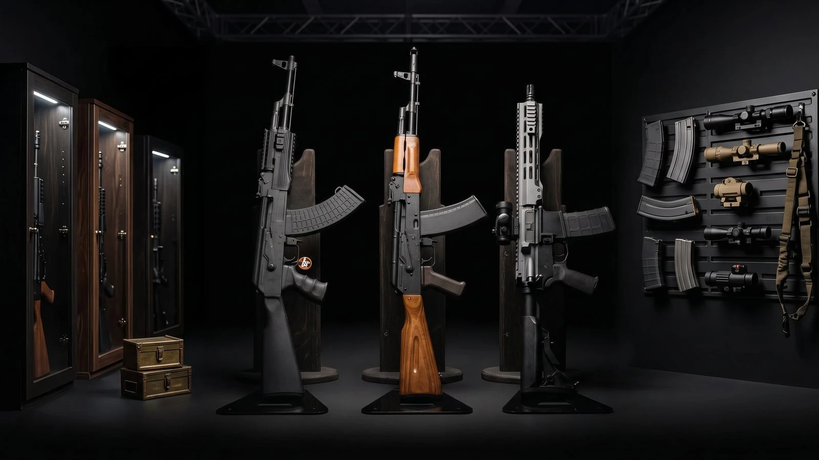 Страйкбольные привода Cyma на стойках, магазины и оптика на стене